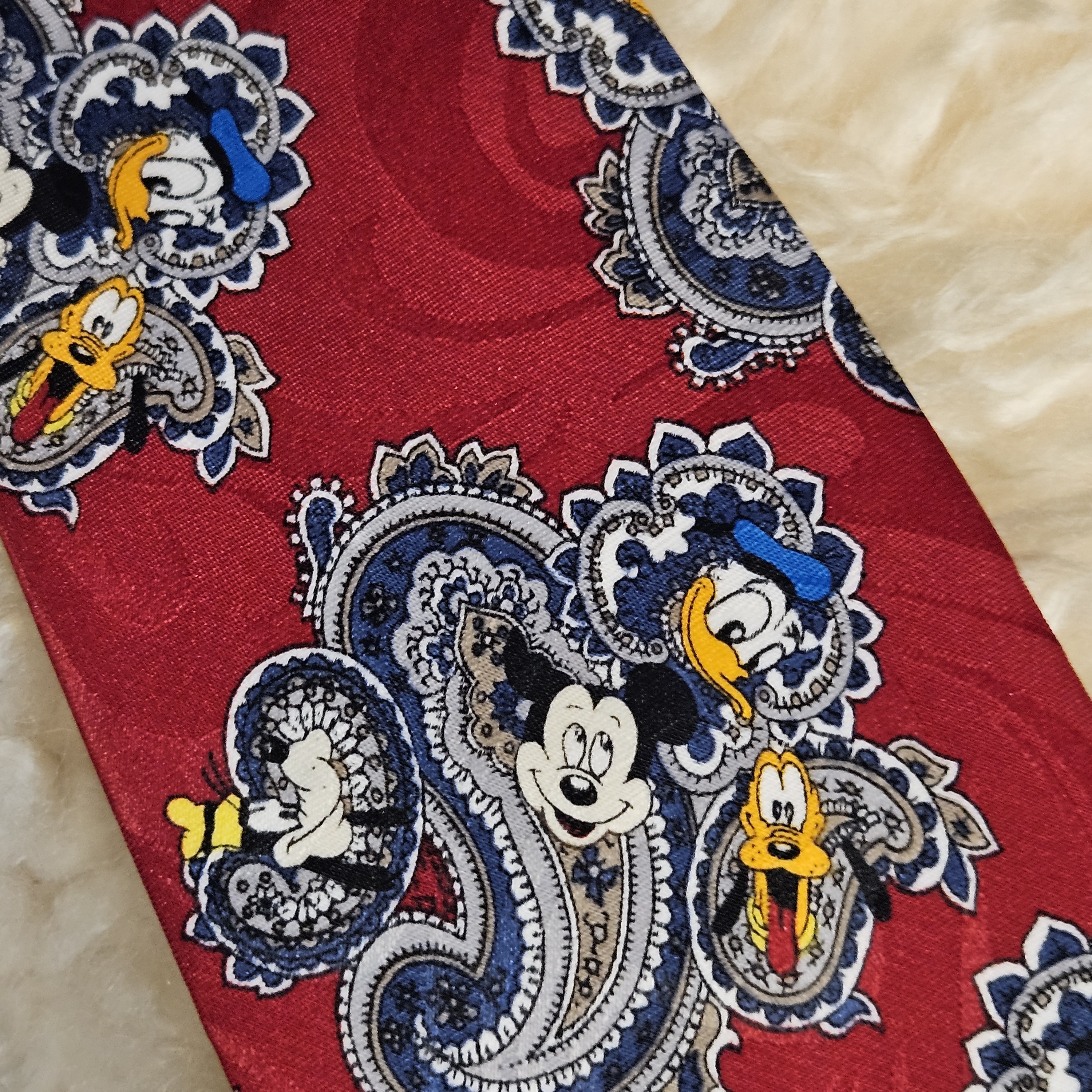 Vintage 1990s Disney Men's Red Paisley Tie With Mickey, Donald & Pluto